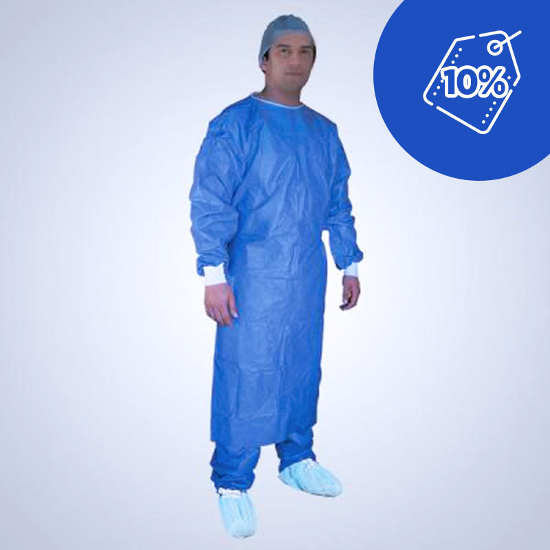Bata Paciente Protects Clinic Manga Larga Azul con puño Blanco Oferta